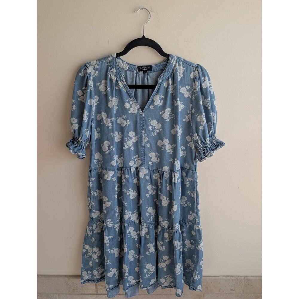 Velvet Heart Women XS Tencel Chambray Denim Floral Tiered Babydoll Dress Pockets